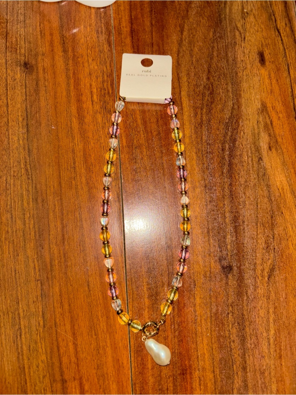 Multicolor Beaded Necklace with Gold Accent and Pearl Drop